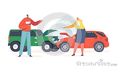Car Accident on Road, Couple of Drivers Male and Female Character Stand on Roadside at Crashed Automobiles Vector Illustration