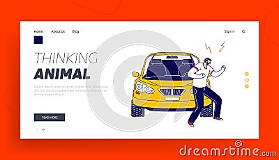 Car Accident on Road, Driver Conflict Landing Page Template. Angry Man Arguing and Prepare to Fight Standing on Roadside Vector Illustration