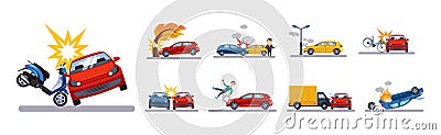 Car Accident on the Road and Traffic Incident Vector Set Stock Photo