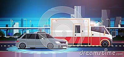 Car Accident Scene Of Road Crush With Ambulance Over City Background Vector Illustration