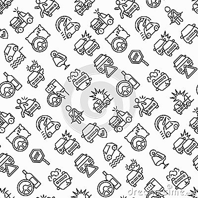 Car accident seamless pattern with thin line icons: crashed cars, tow truck, drunk driving, safety belt, traffic offense, car Vector Illustration