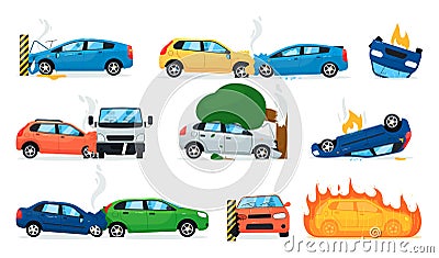 Car accident set. Isolated cartoon car crash icon Vector Illustration