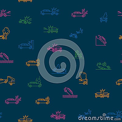 Car Accident Thin Line Seamless Pattern Background. Vector Vector Illustration