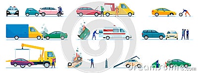 Car accidents. Damaged or crashed transport, vehicles collision. Driver calling insurance company. Road accident with Vector Illustration