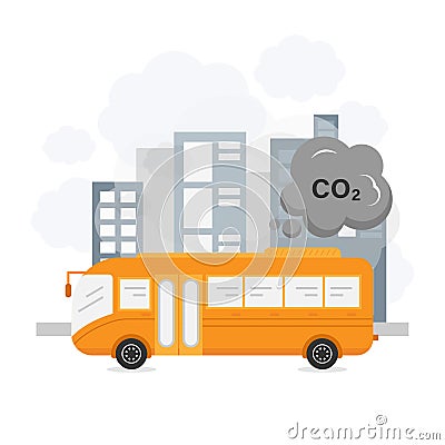 Car air pollution. Smoke from car cover the city and the sky. Vector Illustration