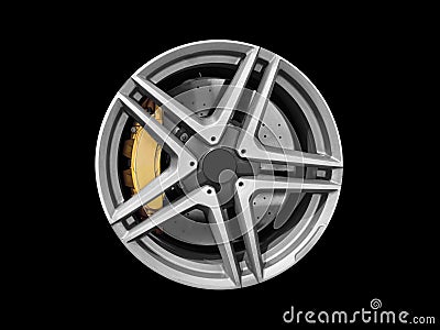 Car alloy wheel and tyre isolated on black background. New alloy wheel with tire and yellow carbon ceramic brakes. Alloy rim Stock Photo