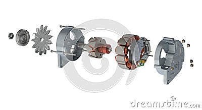 Car electric alternator exploded isometric view isolated on white background, 3D illustration Cartoon Illustration