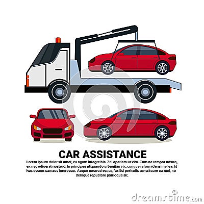 Car Assistance Banner With Car Tow Broken Vehicle Over White Copy Space Background Vector Illustration