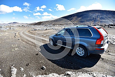 Car is in Austurleid road 910 crossing Odadahraun desert in north of Vatnajokull National Park in Central Highlands of Iceland Editorial Stock Photo