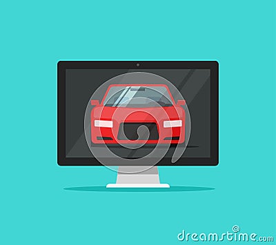 Car or auto on computer screen vector illustration, flat cartoon design pc with automobile on display isolated Vector Illustration