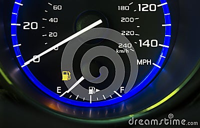 Car auto dashboard gas fuel gauge indicating showing empty fuel tank out of gas Stock Photo