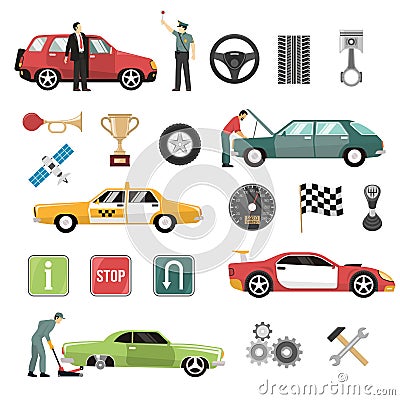 Car Auto Flat Icons Set Vector Illustration