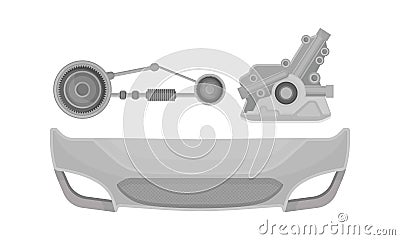 Car and Auto Spare Parts with Transmission Gearbox Vector Set Vector Illustration