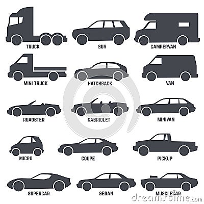 Car automobile types black vector icons isolated on white Vector Illustration