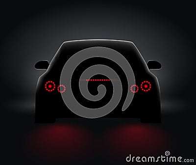 Car back view night light rear led realistic view. Car light in night dark background concept Vector Illustration