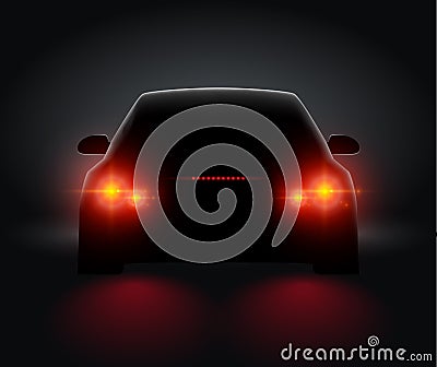 Car back view night light rear led realistic view. Car light in night dark background concept Vector Illustration