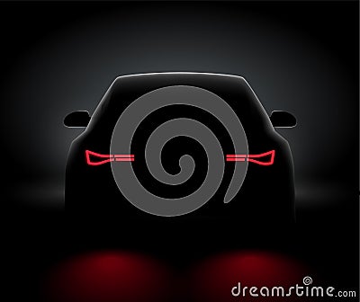 Car back view night light rear led realistic view. Car light in night dark background concept Vector Illustration