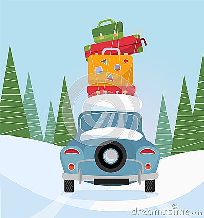 Car back View With stack of baggage on background of snow trees. Blue car with suitcases on the roof. Winter family traveling by Cartoon Illustration