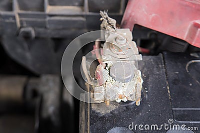 Car battery corrosion on terminal,Dirty battery terminals.(Before cleaning) Stock Photo