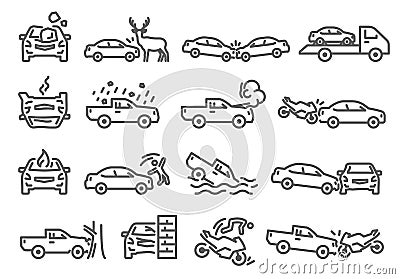 Car, bike, vehicle accident outline icons set isolated on white. Crash into tree, wall, animal on road. Vector Illustration