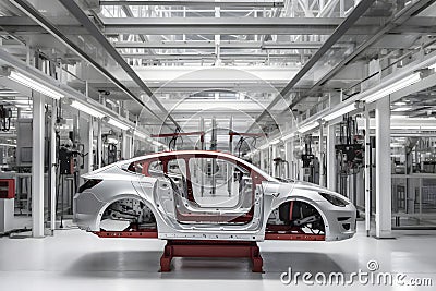 Car bodies are on Assembly line. Factory for production of cars. Neural network AI generated Stock Photo