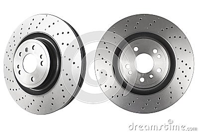 Car brake disc isolated on white background. Auto spare parts. Perforated brake disc rotor isolated on white. Braking ventilated Stock Photo
