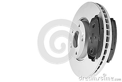 Car Brake discs and brake pads isolated on white background. Auto parts. Brake disc rotor isolated on white. Braking disk. Car par Stock Photo