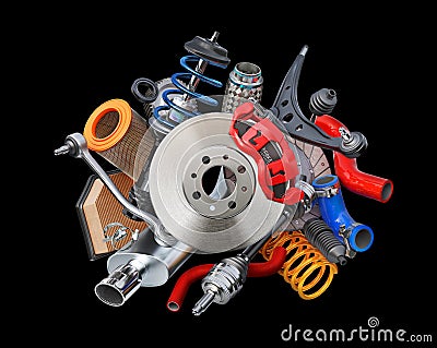 Car brake disk with different car parts. Auto parts on a black background. Cartoon Illustration