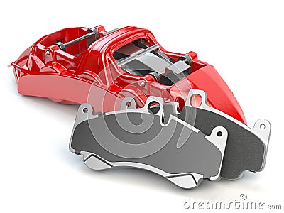 Car brakes. Red caliper and pads. Dsk braking system parts Cartoon Illustration