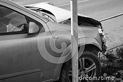Car Broken in an accident. Monochrome image. Side view Stock Photo
