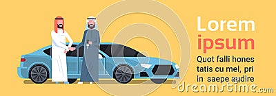 Car Buying Arab Seller Man Giving Keys To Owner Vechicle Purchase Sale Or Rental Center Concept Vector Illustration