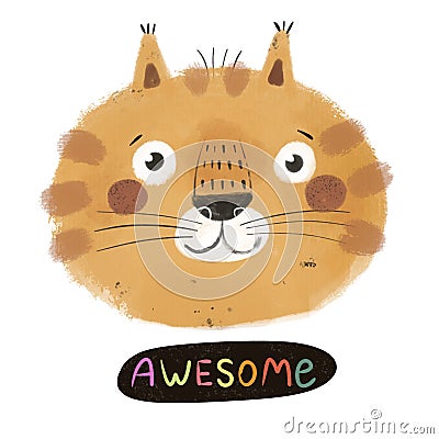 Awesome. cartoon cat, hand drawing lettering. colorful flat style illustration for kids. Cartoon Illustration