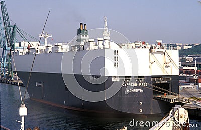 Car carrier ship in Gdynia harbor, stern and steerboard side, northern Poland, Europe. Editorial Stock Photo