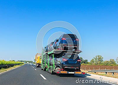 Car carrier trailer with cars on bunk platform. Car transport truck on the highway. Space for text Stock Photo