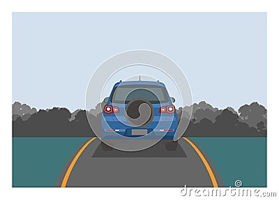 Car carrying spare tire passing narrow road with forest background. Simple flat illustration Vector Illustration