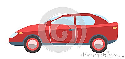 Car. Cartoon comic funny style. Side view. Beautiful red Automobile. Auto in flat design. Childrens illustration. Object Vector Illustration