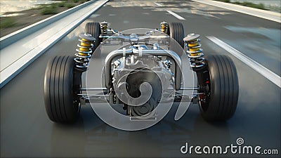 Car chassis with engine on highway. Very fast driving. Auto concept. 3d rendering. Stock Photo