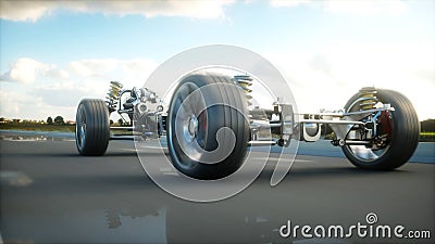 Car chassis with engine on highway. Very fast driving. Auto concept. 3d rendering. Stock Photo