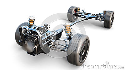 Car chassis with engine on white isolate. 3d rendering. Stock Photo