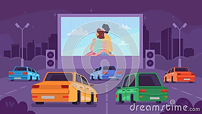 Car cinema, drive movie theater, couple on screen Vector Illustration