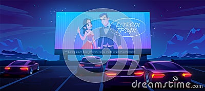 Car cinema. Drive-in theater with auto on parking Vector Illustration