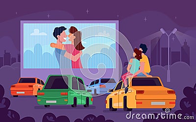 Car cinema romantic movie theater, couple embrace Vector Illustration