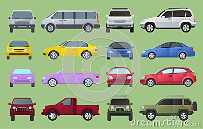 Car city different model objects icons set multicolor automobile supercar. Wheel symbol top and front view side car Vector Illustration