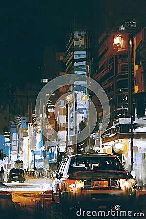 Car in city street at night with colorful lights Cartoon Illustration