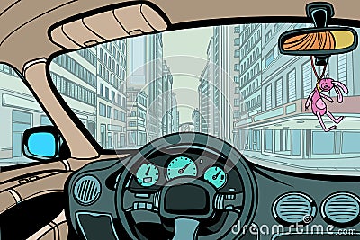 Car in the city, view from inside cabin Vector Illustration