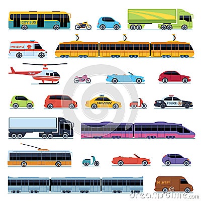 Car collection. Vehicles city transportation. Cars helicopter tram bus taxi police convertible scooter motorcycle smart Vector Illustration