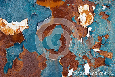 Car color crack old peeling paint on rusty metal steel auto part surface Stock Photo