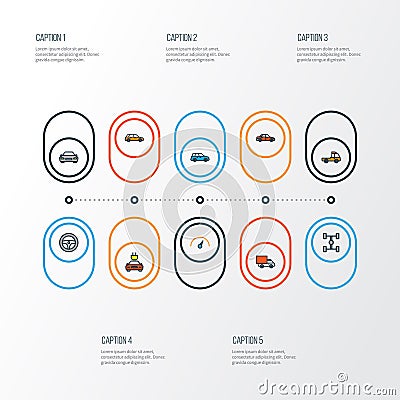 Car Colorful Outline Icons Set. Collection Of Rudder, Carcass, Speed And Other Elements. Also Includes Symbols Such As Vector Illustration