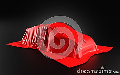 Car Covered with a Red Satin Cloth in a Exhibition for Unveiling on black background - 3D Illustration Render Stock Photo