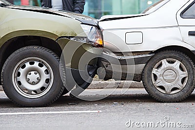 Car crash accident on street, damaged automobiles after collision in city Stock Photo